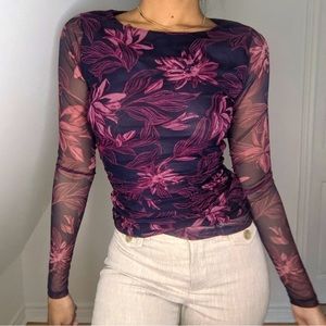 Floral mesh thulle long sleeve blouse with ruching